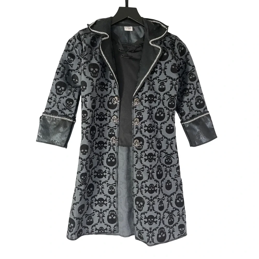 Spirit Halloween Gothic Pirate Skull Captain Costume Dress Kids Small Gray Black
